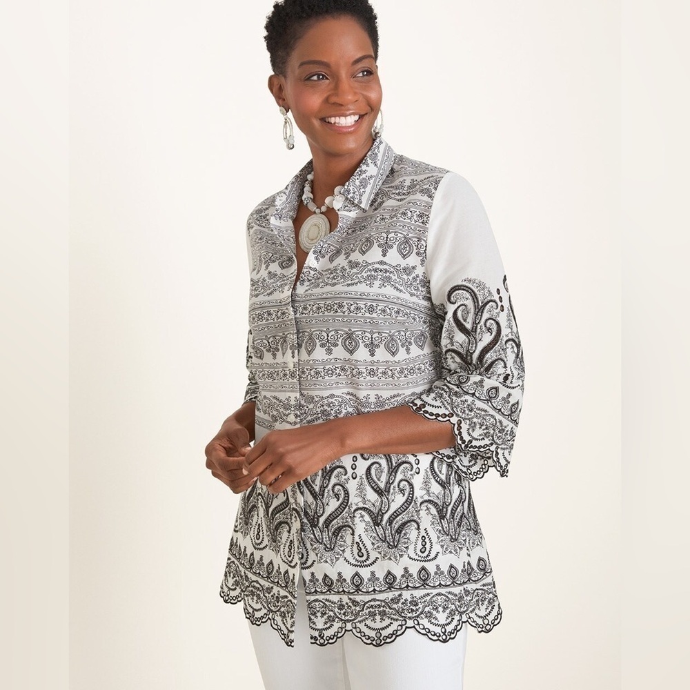 Chico’s Paisley Eyelet Black White Floral Embroidered Scalloped Shirt 3 US XL